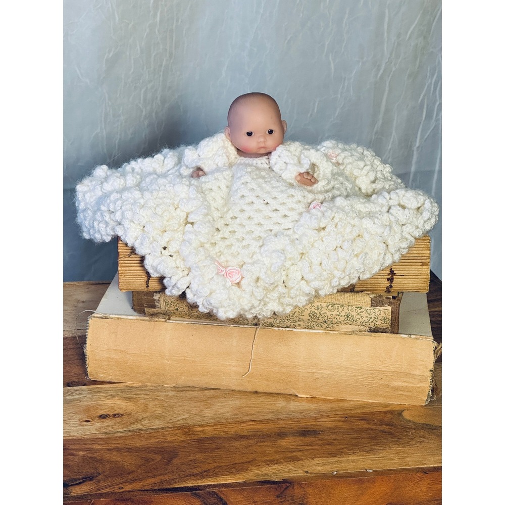 Handmade Crochet Doll Bunting Small Cream Pink Rosette Cocoon Sleeping Bag